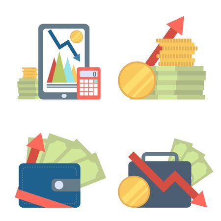 Money, payment, economy icons, badges set. Isolated money symbols, data tools finance diagram, graphics, chart. Business diagram data finance, graph report, statistic, infographics, analysis tools.のイラスト素材