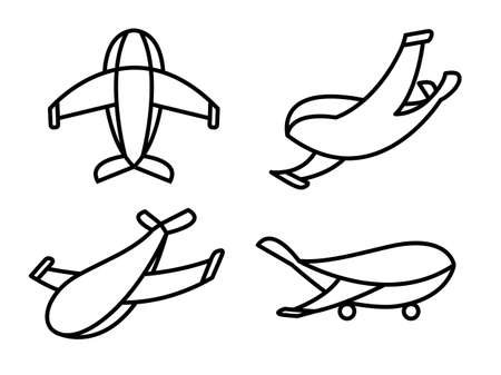 Vector airplane icons: passenger plane, military jet. Thin line airplane icons set. Military jet icon. Aviation icons universal set for web and mobile apps. Cartoon cute aircraft. Flat vector image.のイラスト素材