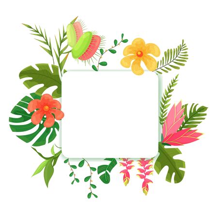 Frame with jungle leaves, flowers. Vector frame, jungle plants for decoration and design concept for invitations, wedding card,  banners, gift card 8 March. Summer forest plants isolated vector frame.のイラスト素材