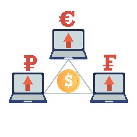 Dollar finance rate. International Currency. Modern Money currency. High dollar rate. Vector flat illustration. Design concept of finance market. Top international money. World economy. のイラスト素材