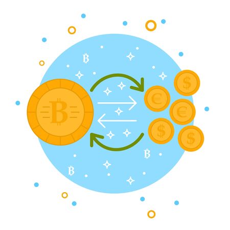 Cryptocurrency process and mining set. Flat vector illustration collection in crypto theme. Crypto currency labels with bitcoin sign, network server, computer hardware, graphs, mining, coins. Vector.のイラスト素材