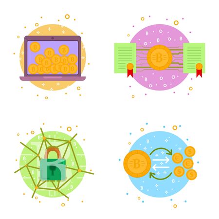 Cryptocurrency process and mining set. Flat vector illustration collection in crypto theme. Crypto currency labels with bitcoin sign, network server, computer hardware, graphs, mining, coins. Vector.のイラスト素材