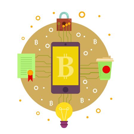 Cryptocurrency process and mining set. Flat vector illustration collection in crypto theme. Crypto currency labels with bitcoin sign, network server, computer hardware, graphs, mining, coins. Vector.のイラスト素材