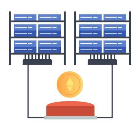 Bitcoin Mining Farm. Digital Crypto Currency. Modern Web Money. Mining of crypto-currencies. Farm with video cards. Vector flat illustration. Design concept of cryptocurrency, bitcoin mining, farmのイラスト素材