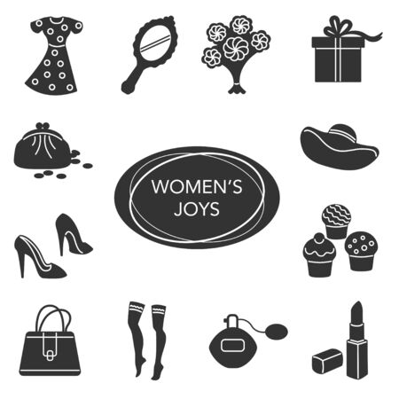 Woman accessories icons set of gloves shoes hats jewelry. Fashion Icons. Set of fashion accessories. Women items and things. Banner, poster, gift card design concept template. Vector illustrationのイラスト素材