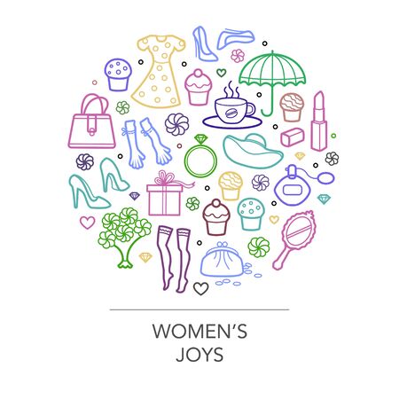 Woman things set in circle shape. Girl accessories icons collection of shoes, jewelry, perfume, cosmetics, mirror, dress, make-up. Modern female woman outline design concept. Vector banner, posterのイラスト素材