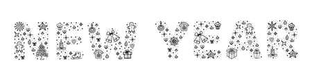 New Year typography phrase with doodle christmas holiday elements isolated on white background. Doodle style. Black vector letters illustration in phrase New Year.のイラスト素材