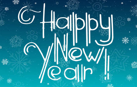 Vector illustration of lettering Happy New Year on blue snowy background. Hand drawn lettering for invitation, seasonal design. Happy new year badge calligraphy for banner print, greeting card, giftsのイラスト素材