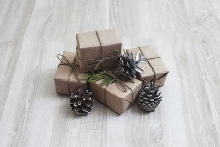 Present box with thuja and cone winter styleの写真素材