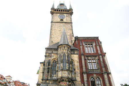 Catholic cathedral with big clock in Prague Czech Republicの写真素材