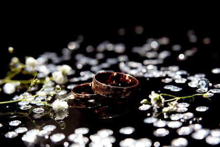Golden wedding rings for bride and groom amond splashes of waterの写真素材