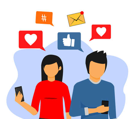 man and woman playing smartphone with various icons on itのイラスト素材