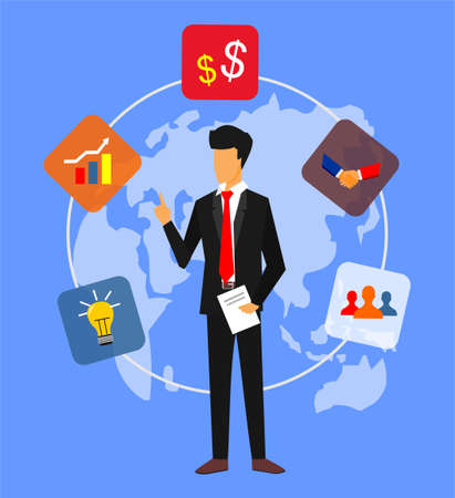 business man on earth background and various icons in the box around itのイラスト素材