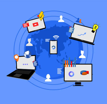 tablets, smartphones, laptops and computers with various icons attachedのイラスト素材