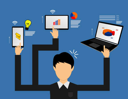 vector image of a man and his elongated hands can operate a mobile phone, tablet and laptopのイラスト素材