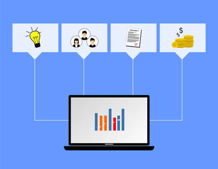 image of a laptop and some entrepreneurial process icons in the box above itのイラスト素材