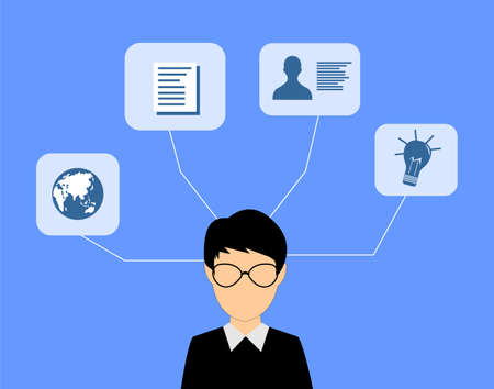 image of business man and various icons in a bubble box on itのイラスト素材