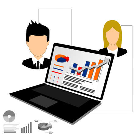pictures of a laptop and business men and women along with their graphicsのイラスト素材