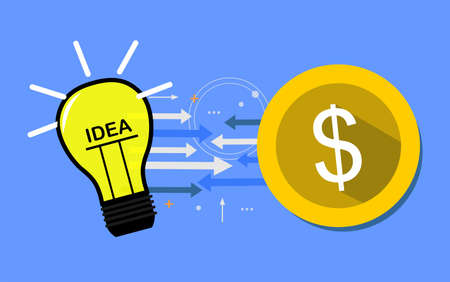 a picture of a light bulb and a coin connected by arrowsのイラスト素材