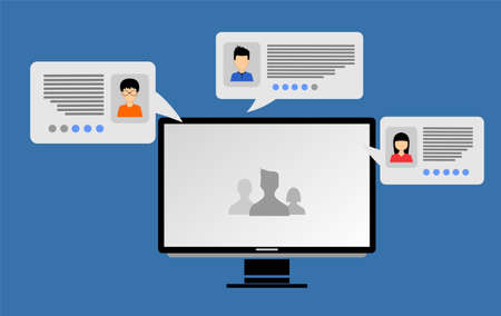 a picture of a computer and an icon of a person in a chat bubble on itのイラスト素材