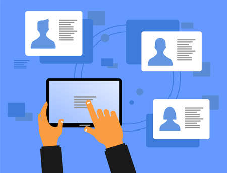 drawing of hand squeezed tablet and icon of person in buble around itのイラスト素材