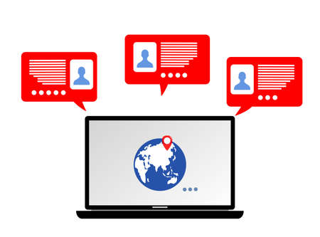 a picture of the earth inside the laptop and some red chat bubble on itのイラスト素材