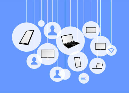 collection of images of laptop computers, tablets, smartphones and several kinds of iconsのイラスト素材