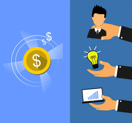 image of three hands holding business man light bulb and laptop and money icon next to itのイラスト素材