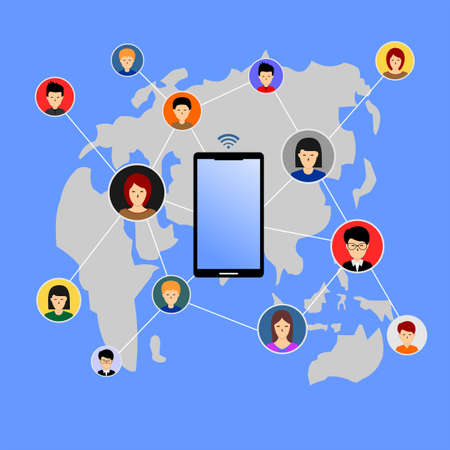 image of smart phone and earth and some vector of people in a circle connected by linesのイラスト素材
