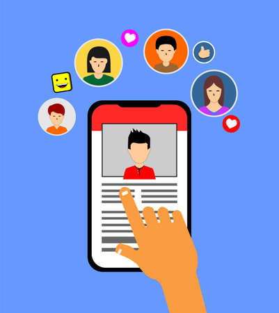 drawing of hand squeezed smartphone and some vector of people and icons on itのイラスト素材