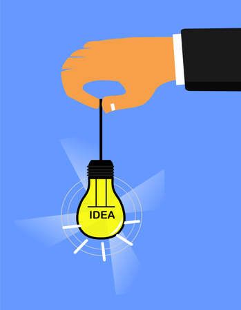 a picture of a light bulb hanging by a rope held by the handのイラスト素材