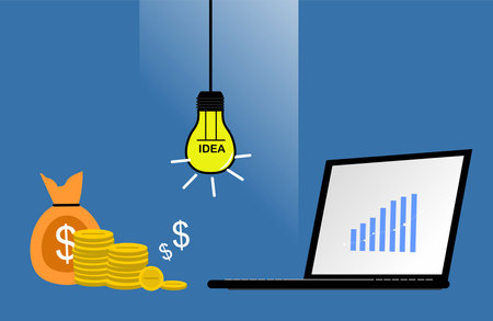 pictures of stacks of coins and light bulbs and laptopsのイラスト素材