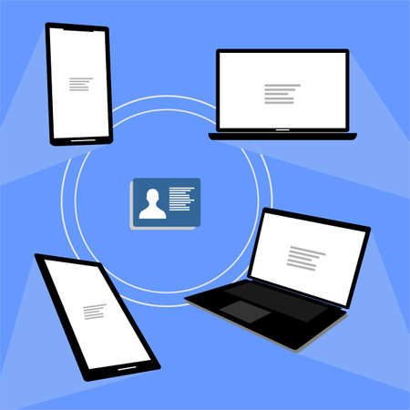 image of two smart phones and two laptops with the icon of a person in a bubble in the centerのイラスト素材