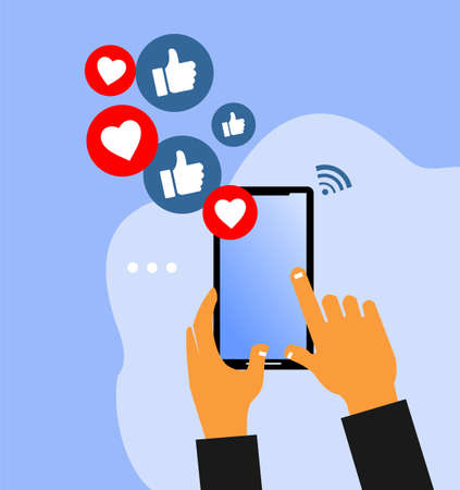 hands squeeze the smartphone and various icons on itのイラスト素材