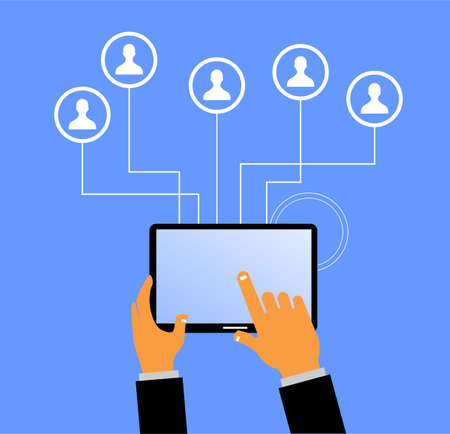 hand squeeze the tablet and some icon of the person in the circle above itのイラスト素材