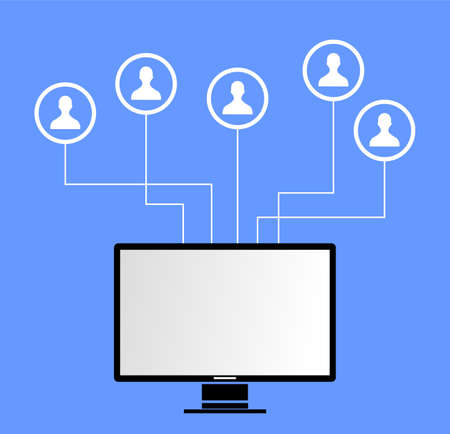 a computer and a few people in a circle icon on itのイラスト素材