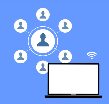 laptop and the person icon in a few circles on itのイラスト素材