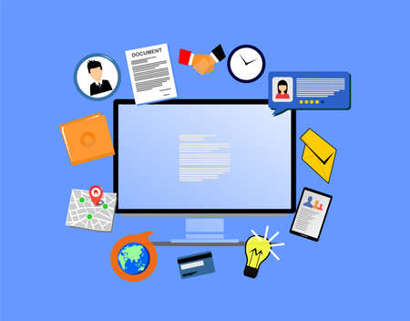 a picture of a computer surrounded by various image icons