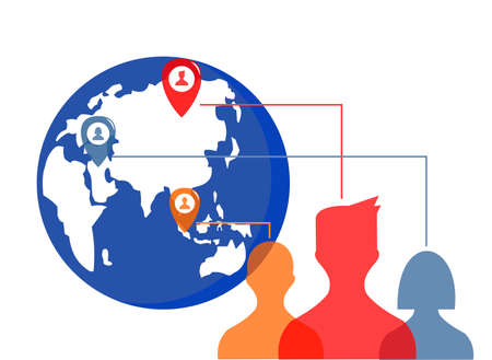 navigation icon inside earth and several transparent people various colors