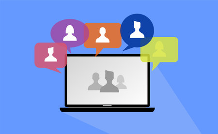 a picture of a laptop and some people icon in a transparent bubbleのイラスト素材