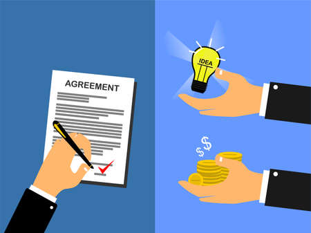 drawing of a hand signing the agreement document and two hands holding a light bulb and coinsのイラスト素材