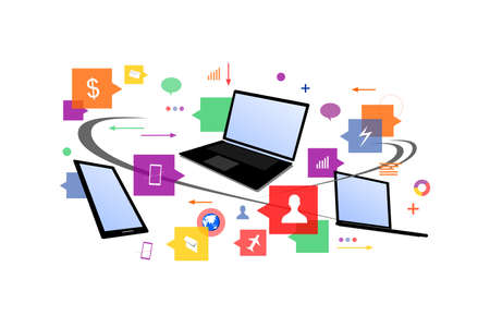 pictures of laptops and smart phones surrounded by several iconic symbols related to humansのイラスト素材