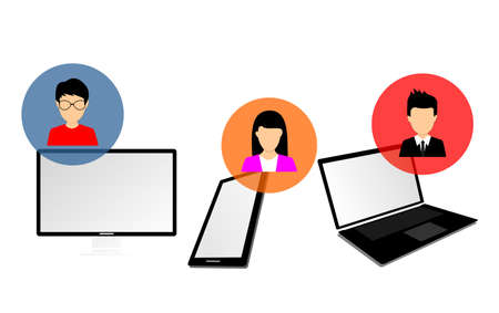 smartphones, laptops, computers and vector people in colorful bubbles on it