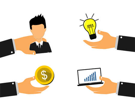 image of several hands holding multiple entrepreneurial process iconsのイラスト素材