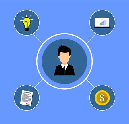 business man and some entrepreneurial process icons in a circle around himのイラスト素材