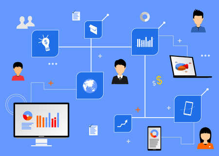 image of laptop computer, smart phone and several people and various iconsのイラスト素材