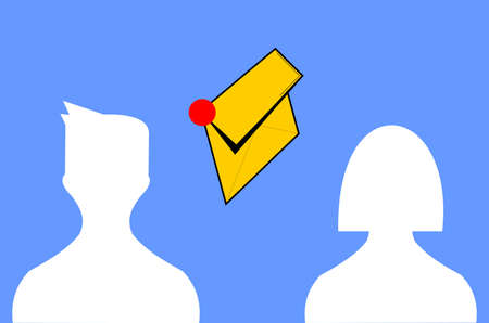 two icons of male and female people and an envelope in the middle