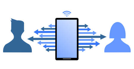 two icons of a male and female person and an arrow and a smartphone in the middleのイラスト素材