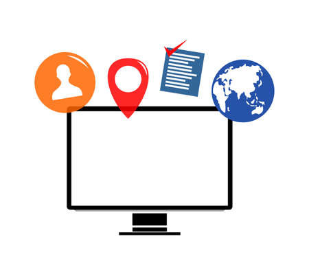 a computer and various icons on itのイラスト素材