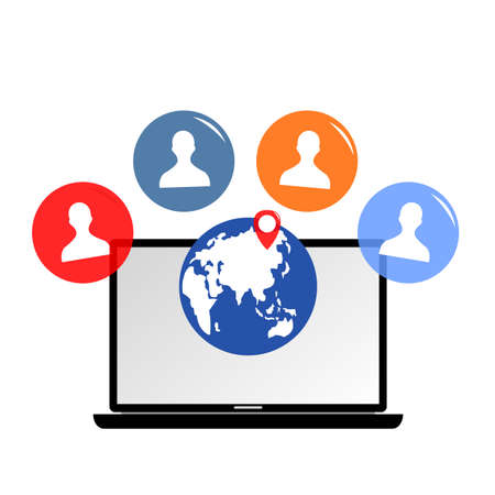 laptop and earth and some people icon in colorful bubble on itのイラスト素材